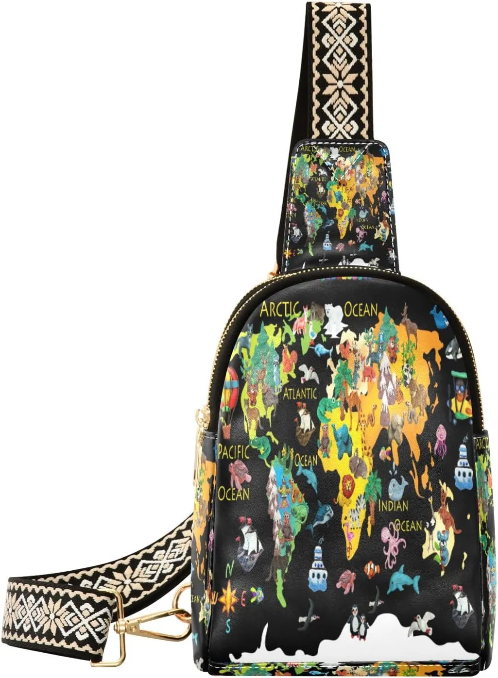 Small Sling Bag Waist Packs Leather Crossbody Packs Chest Bag Animals World Map for Women Travel Belt Purse