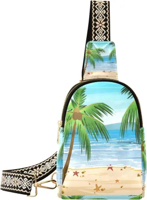 Small Sling Bag Waist Packs Leather Crossbody Packs Chest Bag Beach with Palms Sand Blue Ocean for Women Travel Belt Purse