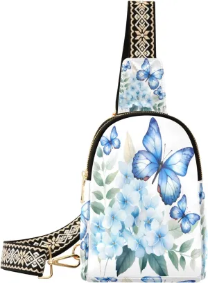 Small Sling Bag Waist Packs Leather Crossbody Packs Chest Bag Blue Butterfly and Floral for Women Travel Belt Purse