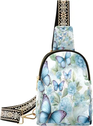 Small Sling Bag Waist Packs Leather Crossbody Packs Chest Bag Blue Butterfly for Women Travel Belt Purse