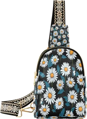 Small Sling Bag Waist Packs Leather Crossbody Packs Chest Bag Blue Daisy for Women Travel Belt Purse