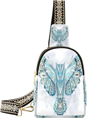 Small Sling Bag Waist Packs Leather Crossbody Packs Chest Bag Blue Owl for Women Travel Belt Purse