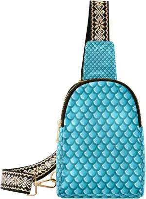 Small Sling Bag Waist Packs Leather Crossbody Packs Chest Bag Blue Shiny River Fish Scales for Women Travel Belt Purse