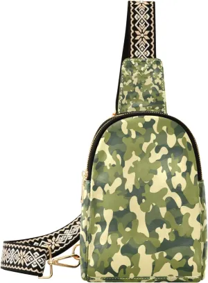 Small Sling Bag Waist Packs Leather Crossbody Packs Chest Bag Camouflage Green for Women Travel Belt Purse