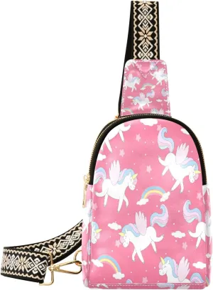 Small Sling Bag Waist Packs Leather Crossbody Packs Chest Bag Cute Hand Drawn Unicorn for Women Travel Belt Purse