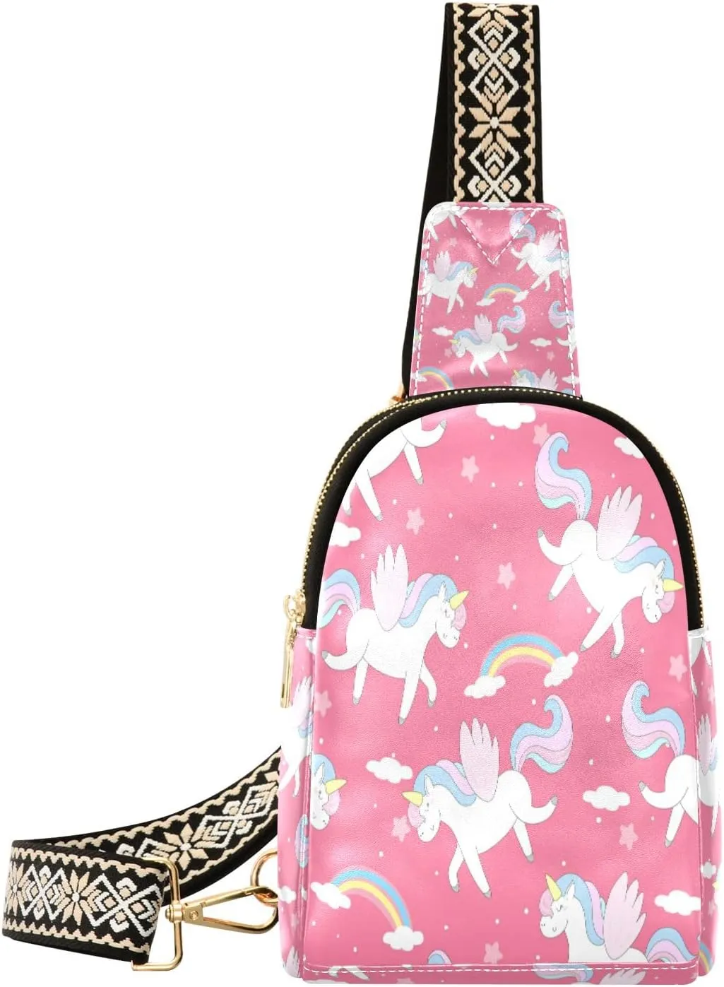 Small Sling Bag Waist Packs Leather Crossbody Packs Chest Bag Cute Hand Drawn Unicorn for Women Travel Belt Purse