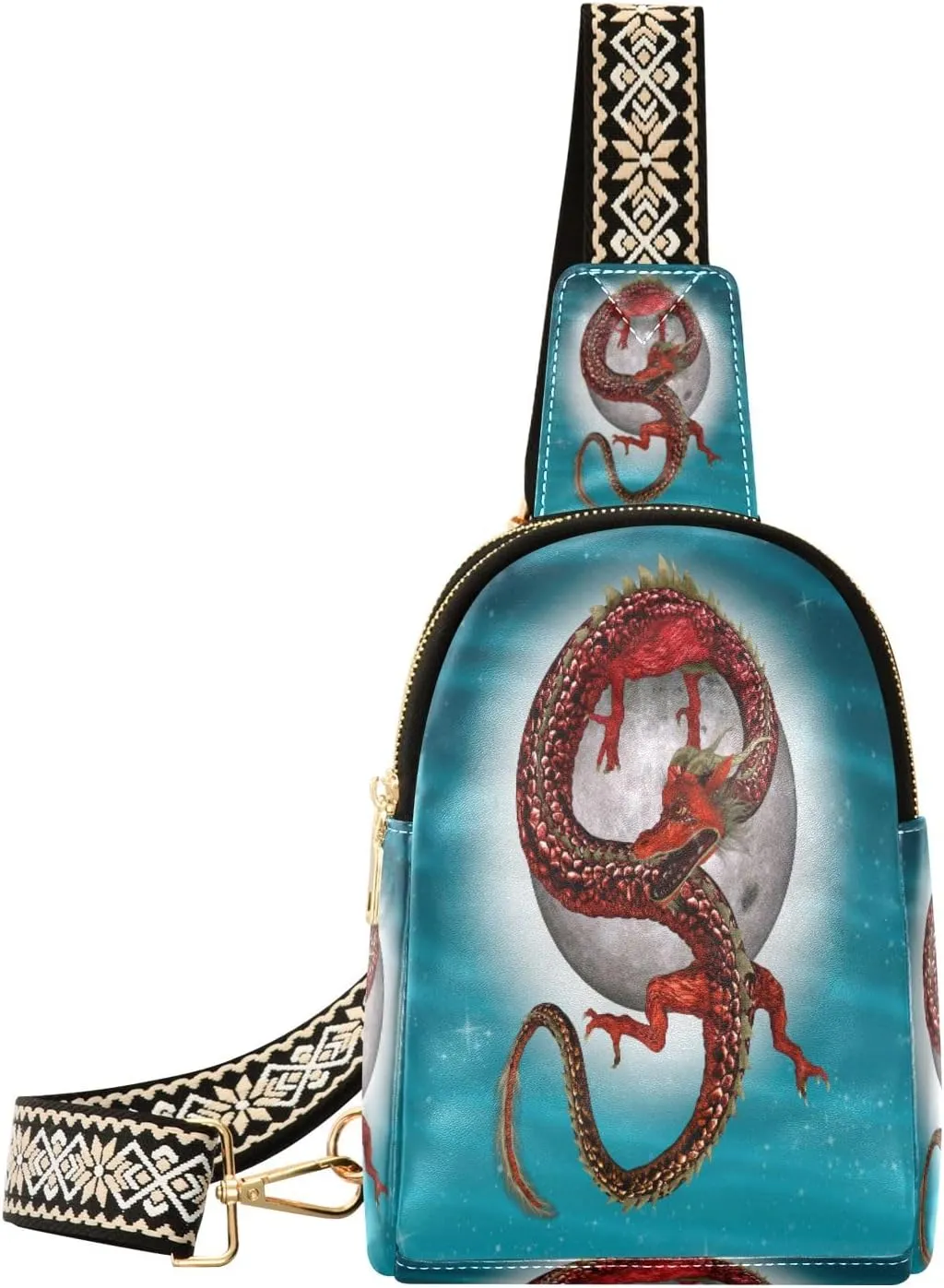 Small Sling Bag Waist Packs Leather Crossbody Packs Chest Bag Dragon and Moon for Women Travel Belt Purse