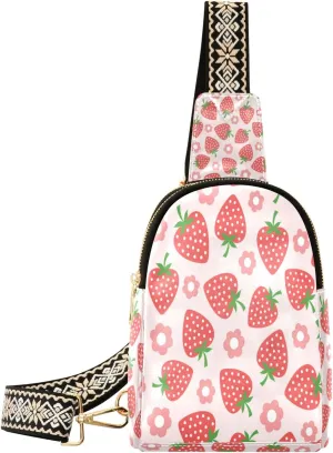 Small Sling Bag Waist Packs Leather Crossbody Packs Chest Bag Flower Strawberry for Women Travel Belt Purse