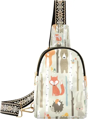 Small Sling Bag Waist Packs Leather Crossbody Packs Chest Bag Forest Animals for Women Travel Belt Purse
