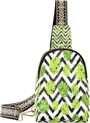 Small Sling Bag Waist Packs Leather Crossbody Packs Chest Bag Green Leaves for Women Travel Belt Purse