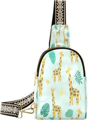 Small Sling Bag Waist Packs Leather Crossbody Packs Chest Bag Green Leaves Giraffe for Women Travel Belt Purse