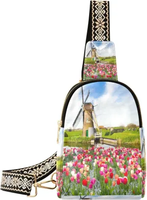 Small Sling Bag Waist Packs Leather Crossbody Packs Chest Bag Holland Tulips Flowers for Women Travel Belt Purse