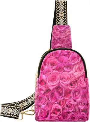 Small Sling Bag Waist Packs Leather Crossbody Packs Chest Bag Hot Pink Roses for Women Travel Belt Purse