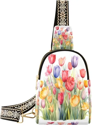 Small Sling Bag Waist Packs Leather Crossbody Packs Chest Bag Painting Colorful Tulip for Women Travel Belt Purse