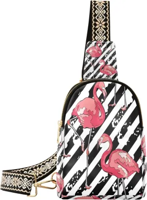 Small Sling Bag Waist Packs Leather Crossbody Packs Chest Bag Pink Flamingos and Stripe for Women Travel Belt Purse