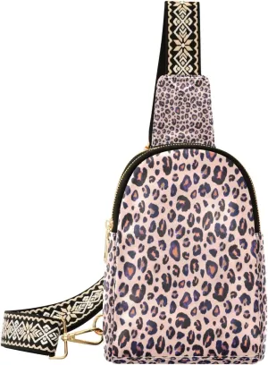 Small Sling Bag Waist Packs Leather Crossbody Packs Chest Bag Pink Leopard Animal Cheetah Pattern for Women Travel Belt Purse