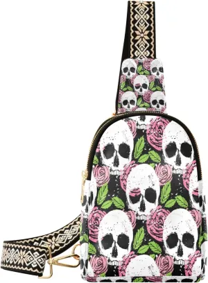 Small Sling Bag Waist Packs Leather Crossbody Packs Chest Bag Pink Rose White Skull for Women Travel Belt Purse