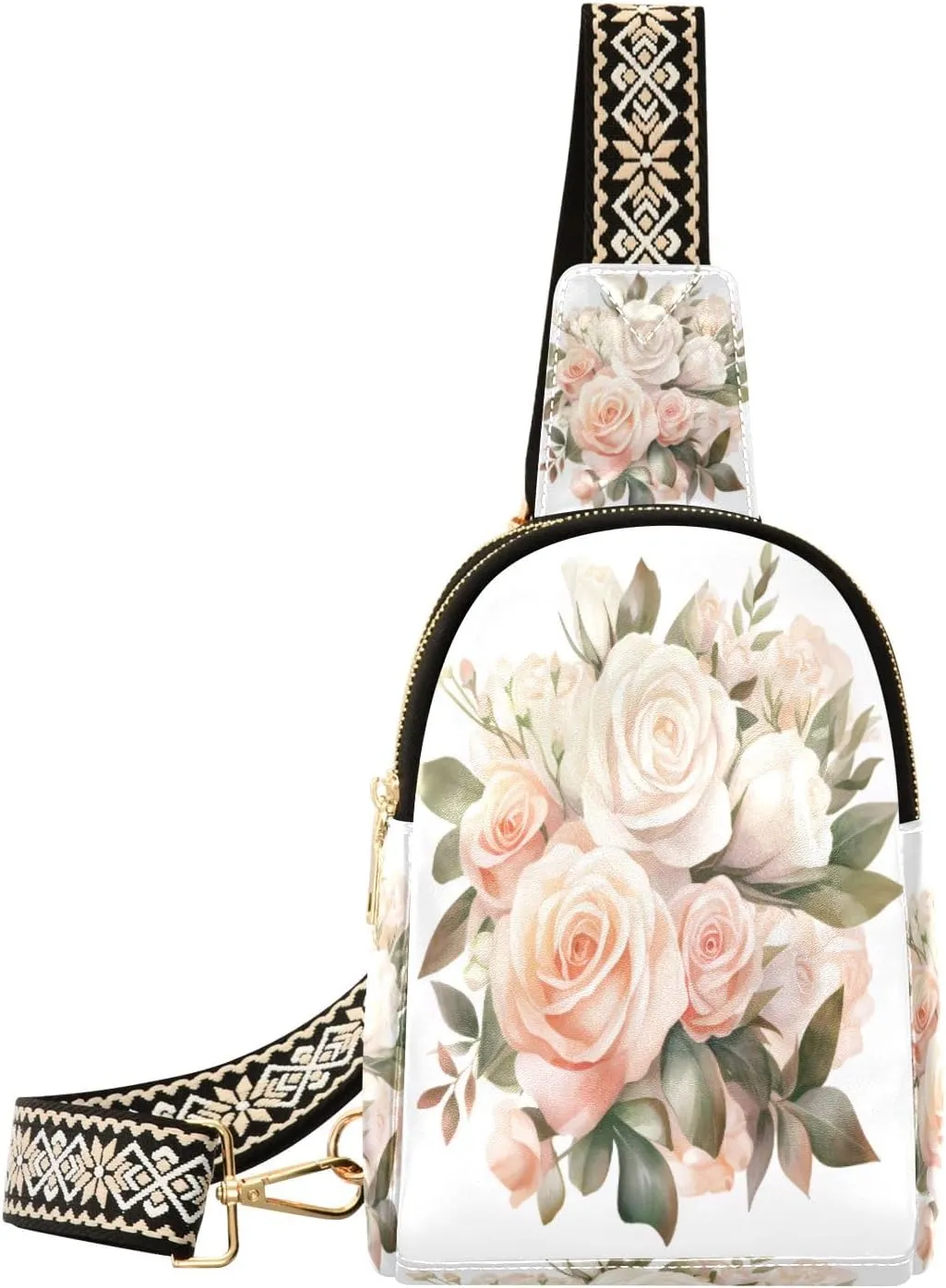 Small Sling Bag Waist Packs Leather Crossbody Packs Chest Bag Pink White Rose for Women Travel Belt Purse