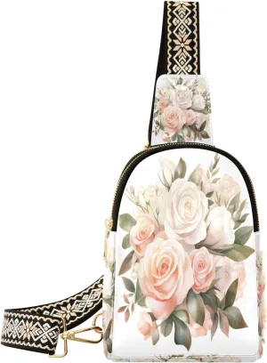 Small Sling Bag Waist Packs Leather Crossbody Packs Chest Bag Pink White Rose for Women Travel Belt Purse