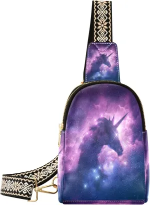 Small Sling Bag Waist Packs Leather Crossbody Packs Chest Bag Purple Clouds Unicorn for Women Travel Belt Purse