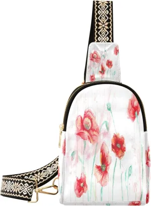 Small Sling Bag Waist Packs Leather Crossbody Packs Chest Bag Red Flower for Women Travel Belt Purse