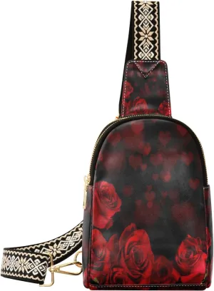 Small Sling Bag Waist Packs Leather Crossbody Packs Chest Bag Red Roses for Women Travel Belt Purse