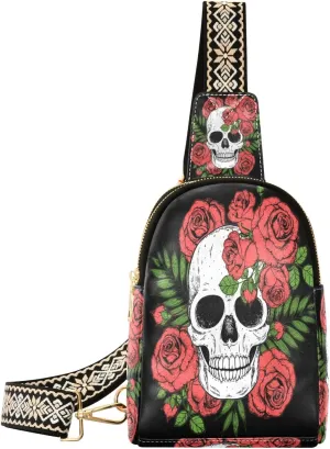 Small Sling Bag Waist Packs Leather Crossbody Packs Chest Bag Skull Rose Retro for Women Travel Belt Purse