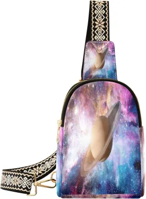 Small Sling Bag Waist Packs Leather Crossbody Packs Chest Bag Solar System Saturn for Women Travel Belt Purse
