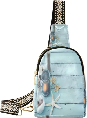 Small Sling Bag Waist Packs Leather Crossbody Packs Chest Bag Summer Interior Decoration with Starfishes and Bottles in Blue and White Colors for Women Travel Belt Purse