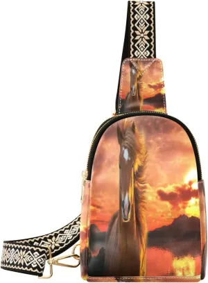 Small Sling Bag Waist Packs Leather Crossbody Packs Chest Bag Sunset Horse for Women Travel Belt Purse