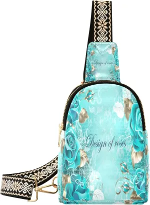 Small Sling Bag Waist Packs Leather Crossbody Packs Chest Bag Turquoise Rose Flowers for Women Travel Belt Purse