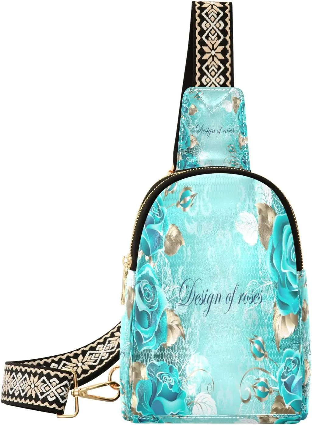 Small Sling Bag Waist Packs Leather Crossbody Packs Chest Bag Turquoise Rose Flowers for Women Travel Belt Purse