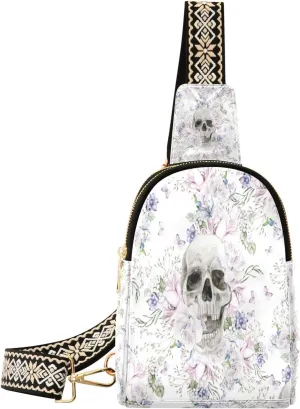Small Sling Bag Waist Packs Leather Crossbody Packs Chest Bag White Skull Purple Floral for Women Travel Belt Purse