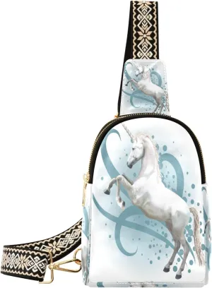 Small Sling Bag Waist Packs Leather Crossbody Packs Chest Bag White Unicorn for Women Travel Belt Purse