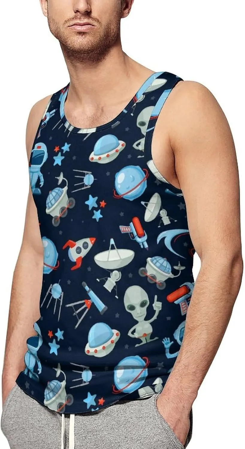 Spaces Aliens Men's Tank Tops Summer Sleeveless T-Shirts Gym Workout Tee Casual Beach Tee