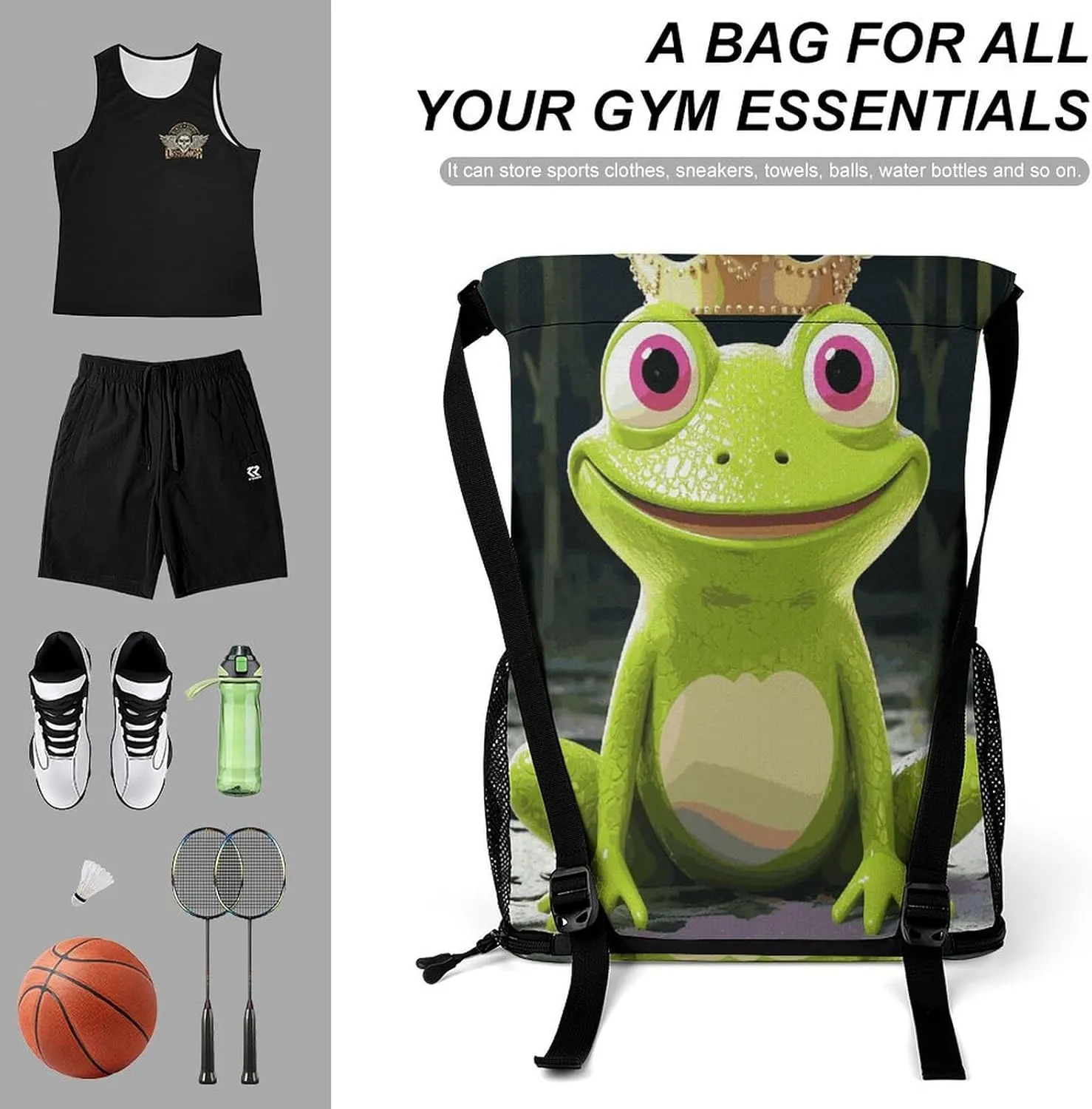 Sports Drawstring Backpack Lightweight Small Gym Bag Crown Frog Gym Sackpack for Women Men