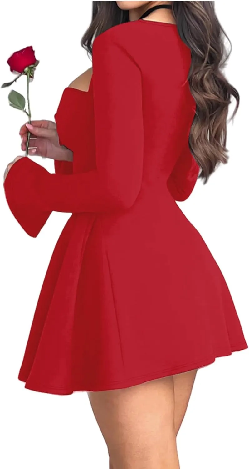 Square Neckline Long Sleeve Mini Dress for Women - Corset Ruffle Hem A Line Flare Graduation Dress