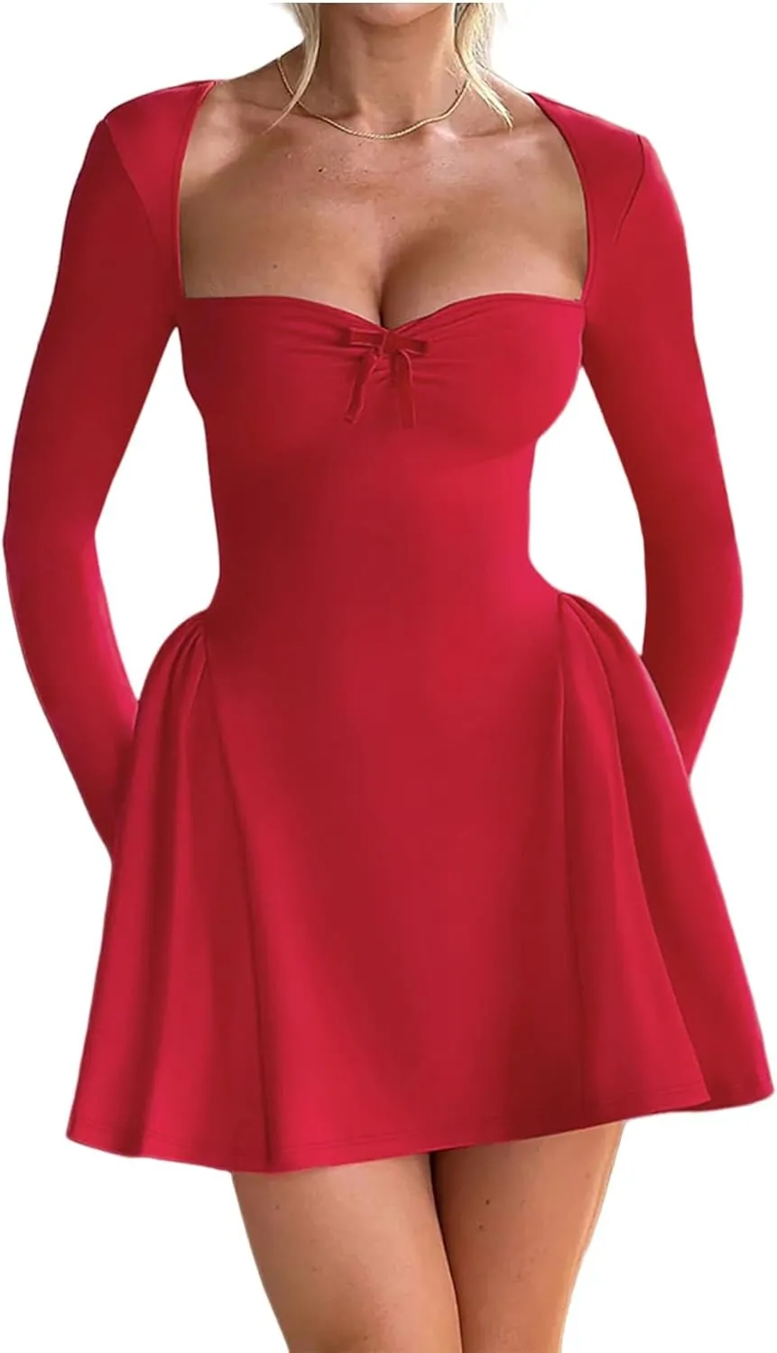 Square Neckline Long Sleeve Mini Dress for Women - Corset Ruffle Hem A Line Flare Graduation Dress