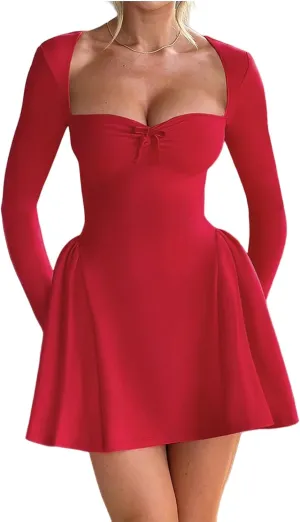 Square Neckline Long Sleeve Mini Dress for Women - Corset Ruffle Hem A Line Flare Graduation Dress