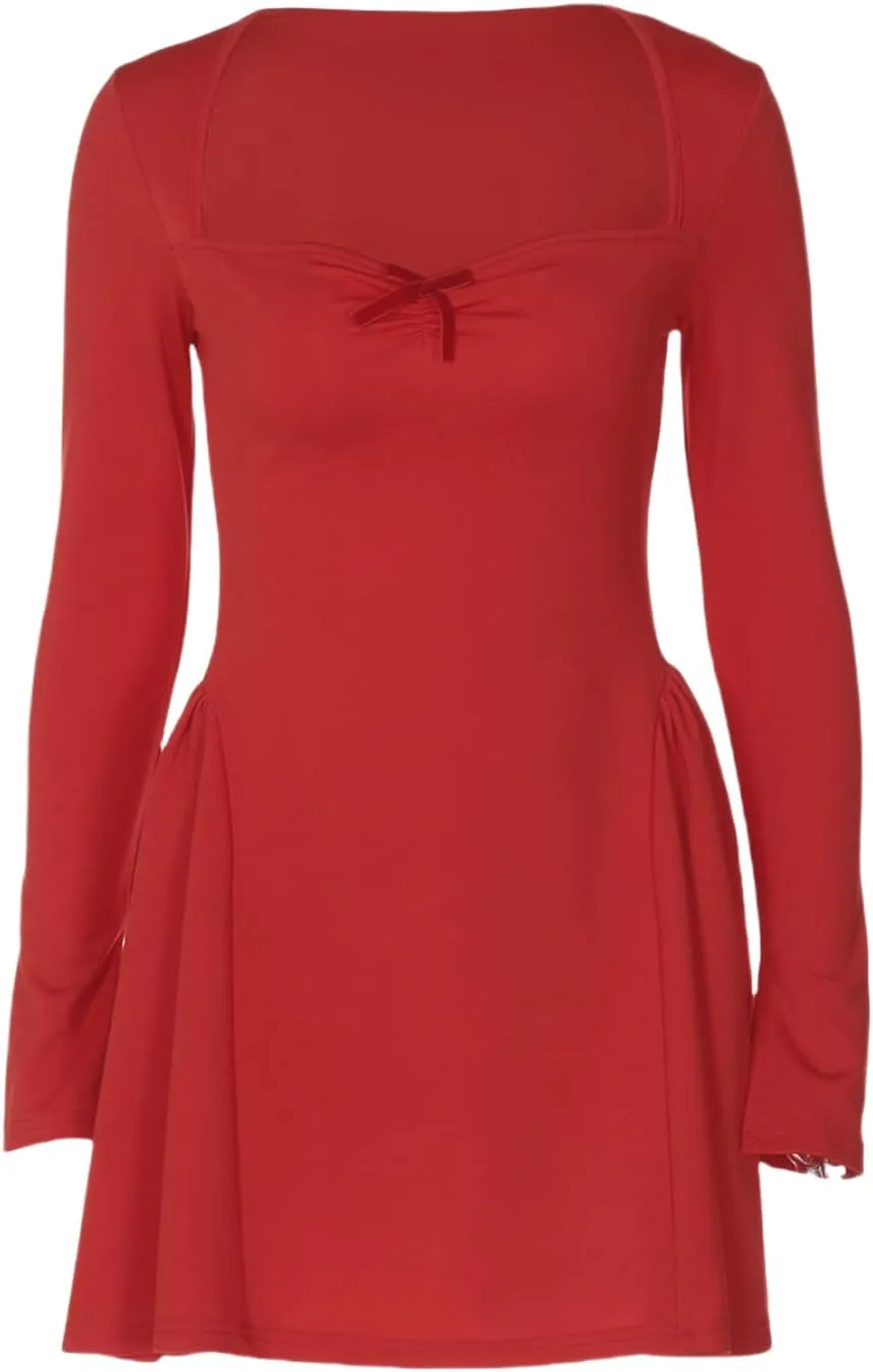 Square Neckline Long Sleeve Mini Dress for Women - Corset Ruffle Hem A Line Flare Graduation Dress
