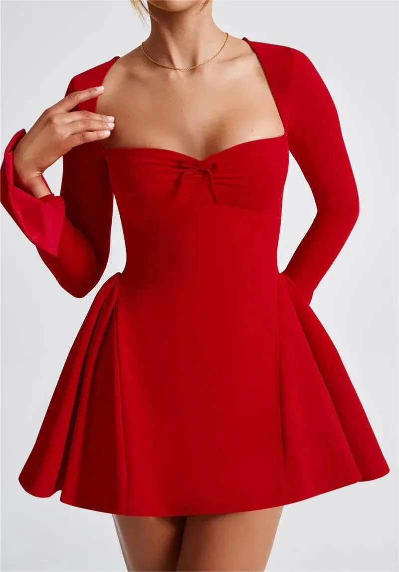 Square Neckline Long Sleeve Mini Dress for Women - Corset Ruffle Hem A Line Flare Graduation Dress