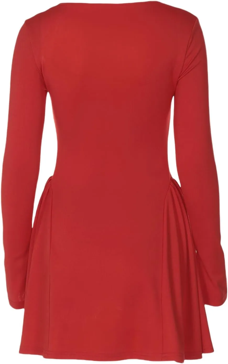 Square Neckline Long Sleeve Mini Dress for Women - Corset Ruffle Hem A Line Flare Graduation Dress