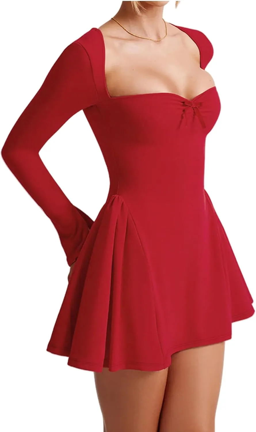 Square Neckline Long Sleeve Mini Dress for Women - Corset Ruffle Hem A Line Flare Graduation Dress
