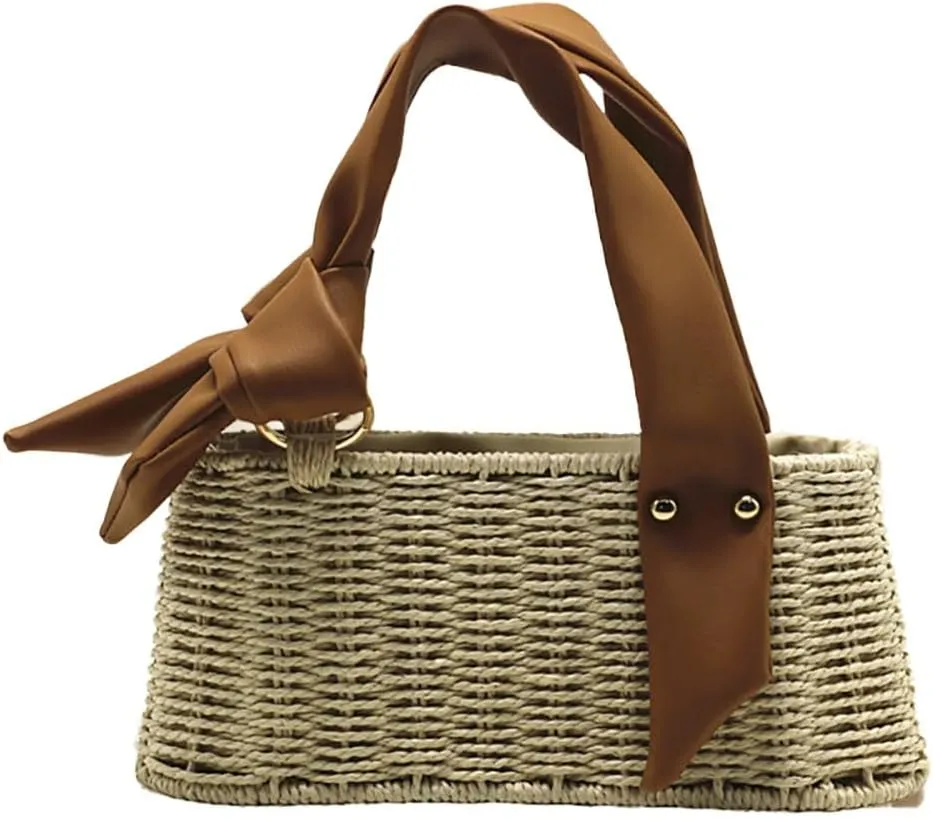 Straw Beach Bags For Women Summer Straw Bucket Bag Vacation Handbag Small Tote Rattan Purses Leather Strap 2025