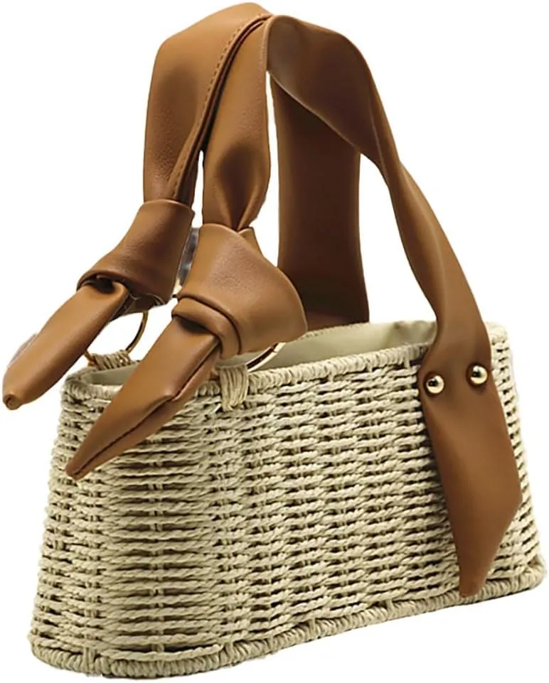Straw Beach Bags For Women Summer Straw Bucket Bag Vacation Handbag Small Tote Rattan Purses Leather Strap 2025