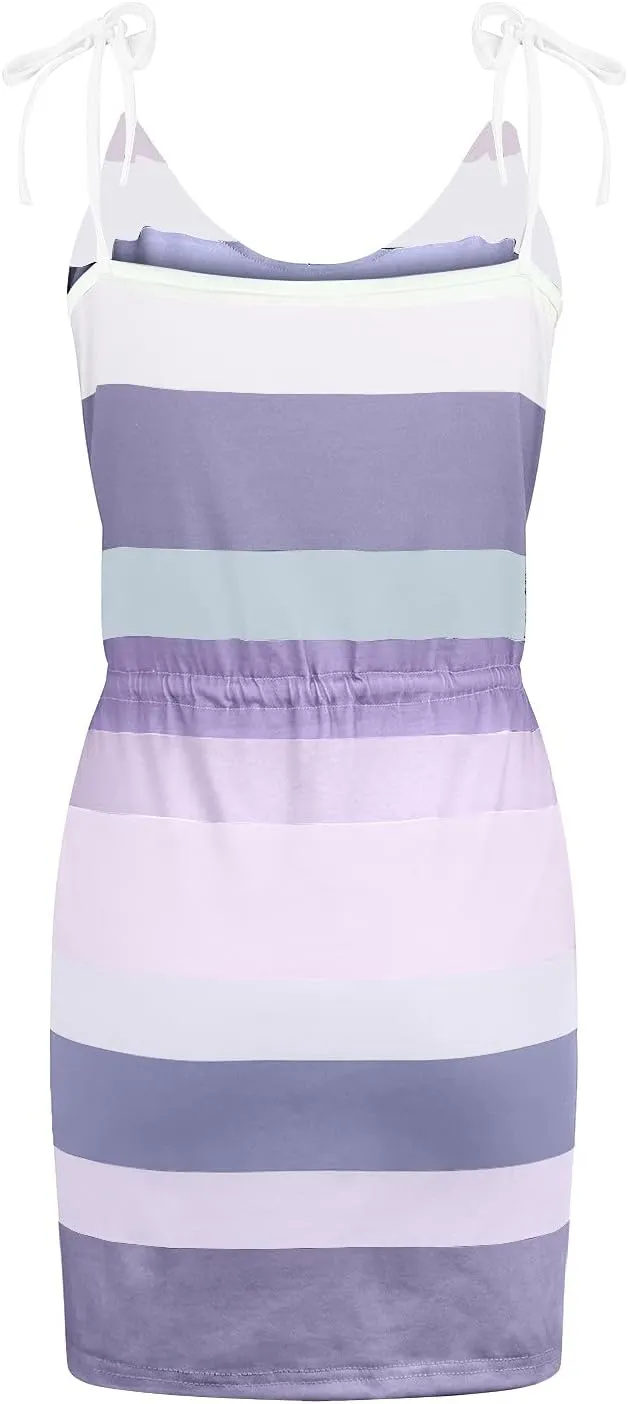 Striped Mini Dress for Women Casual V Neck Short Sleeve T Shirt Dresses Drawstring Waist Belted Dress with Pockets