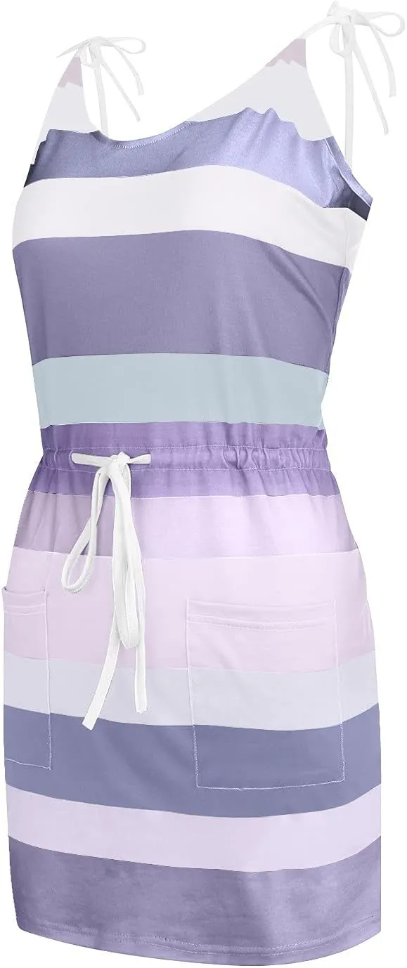 Striped Mini Dress for Women Casual V Neck Short Sleeve T Shirt Dresses Drawstring Waist Belted Dress with Pockets