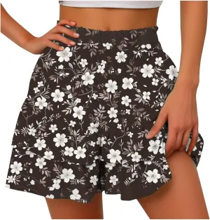 Summer Shorts for Women 2024 Elastic High Waisted Pleated Ruffle Mini Skirts Cute Beach Vacation Flowy Shorts Skorts