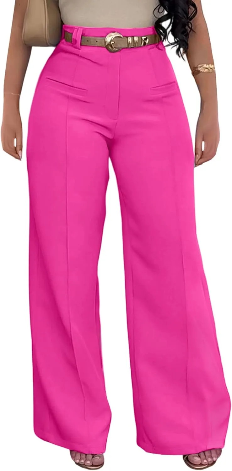 Tcremisa Women's Dressy Wide Leg Long Palazzo Pants Casual Straight Legs Loose High Waist Trousers(No Belt)
