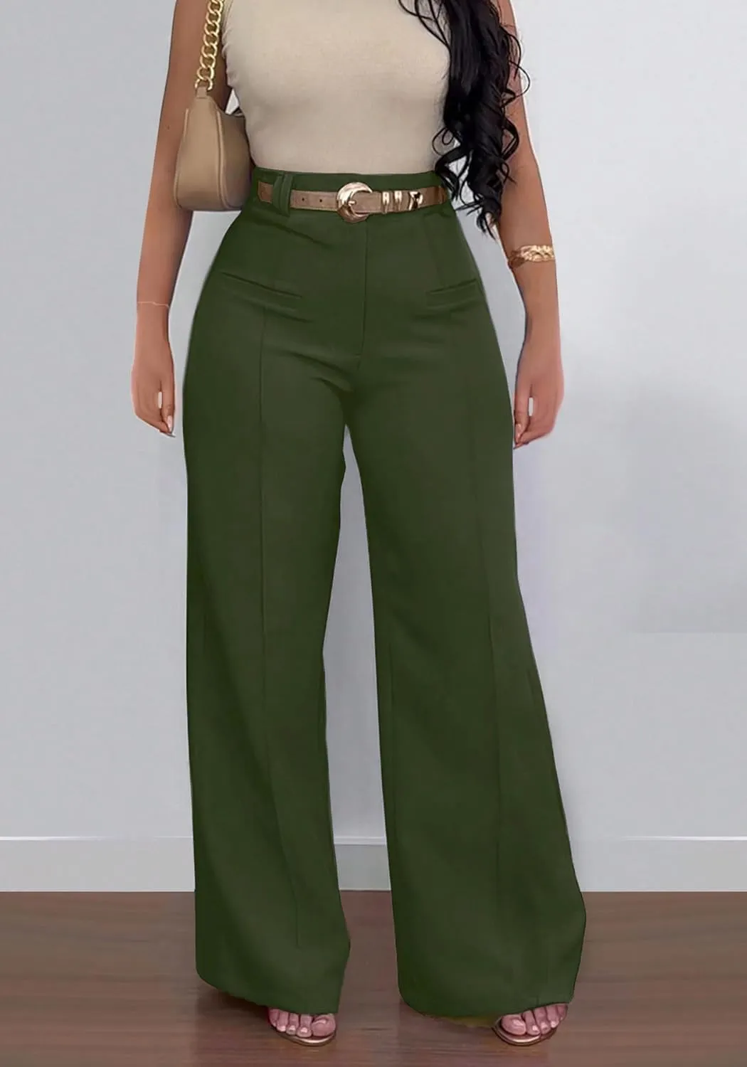 Tcremisa Women's Dressy Wide Leg Long Palazzo Pants Casual Straight Legs Loose High Waist Trousers(No Belt)